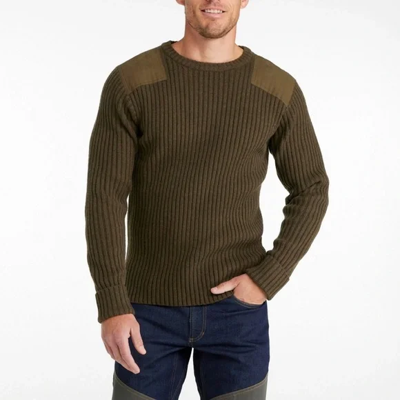 L.L. Bean Men's Deep Wood Heather Green Commando Crewneck Sweater - Picture 2 of 9